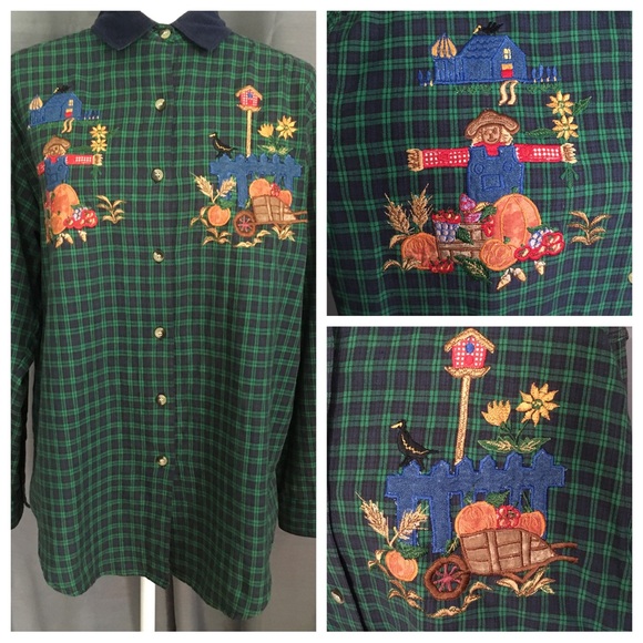 Vintage Tops - Vintage Embroidered Fall Harvest Navy & Green Plaid Button Down Corduroy Collar